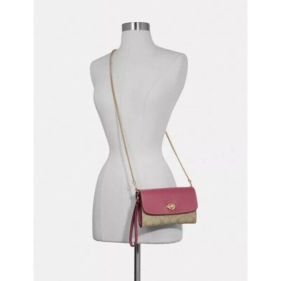 COACH Chain Crossbody in Signature Canvas F24280 Light Khaki/Rouge/Gold Wristlet - Picture 9 of 9